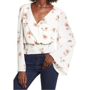 June & Hudson Long Flare Sleeve, Floral Print Top, Size Medium